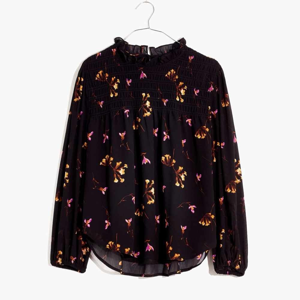 Madewell Georgette Ruffle-Collar Smocked Top in Falling Freesias